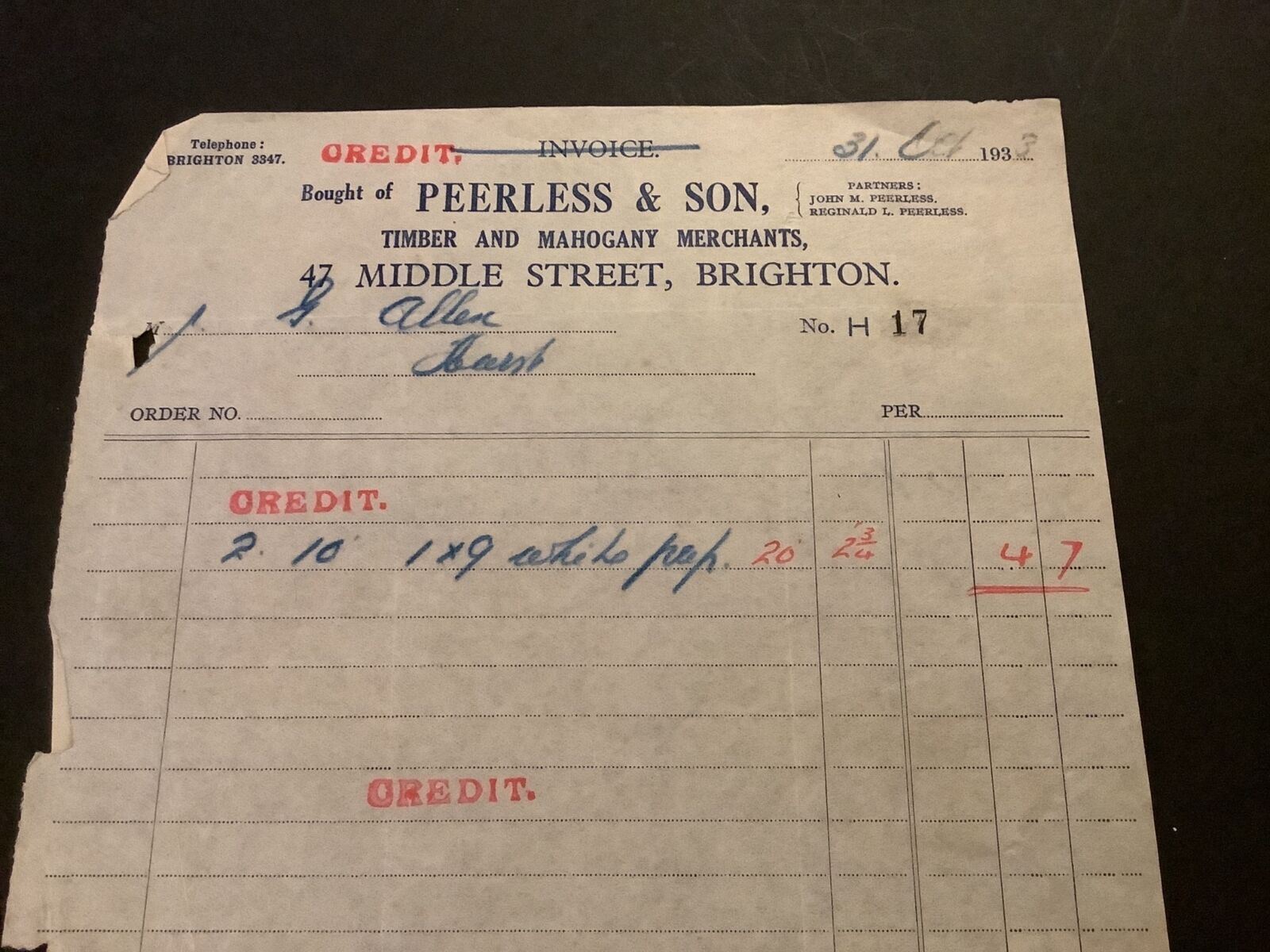 Peerless & Son Timber & Mahogany Merchants Brighton 1933 Receipt R41432