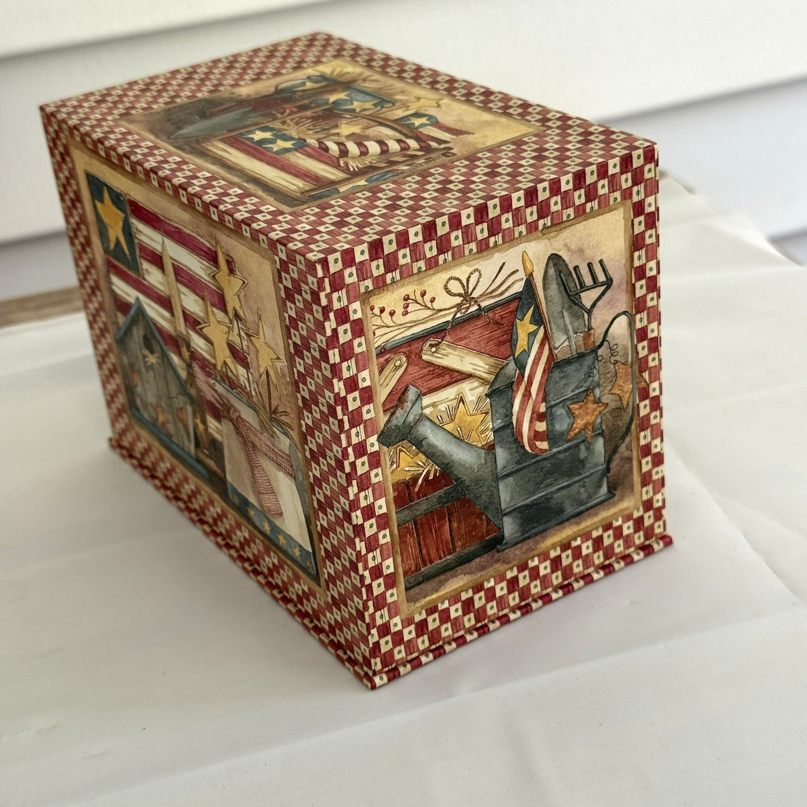 Vtg Diane Knott Art Recipe Box Dividers Patriotic Americana Folk Art Kitchen