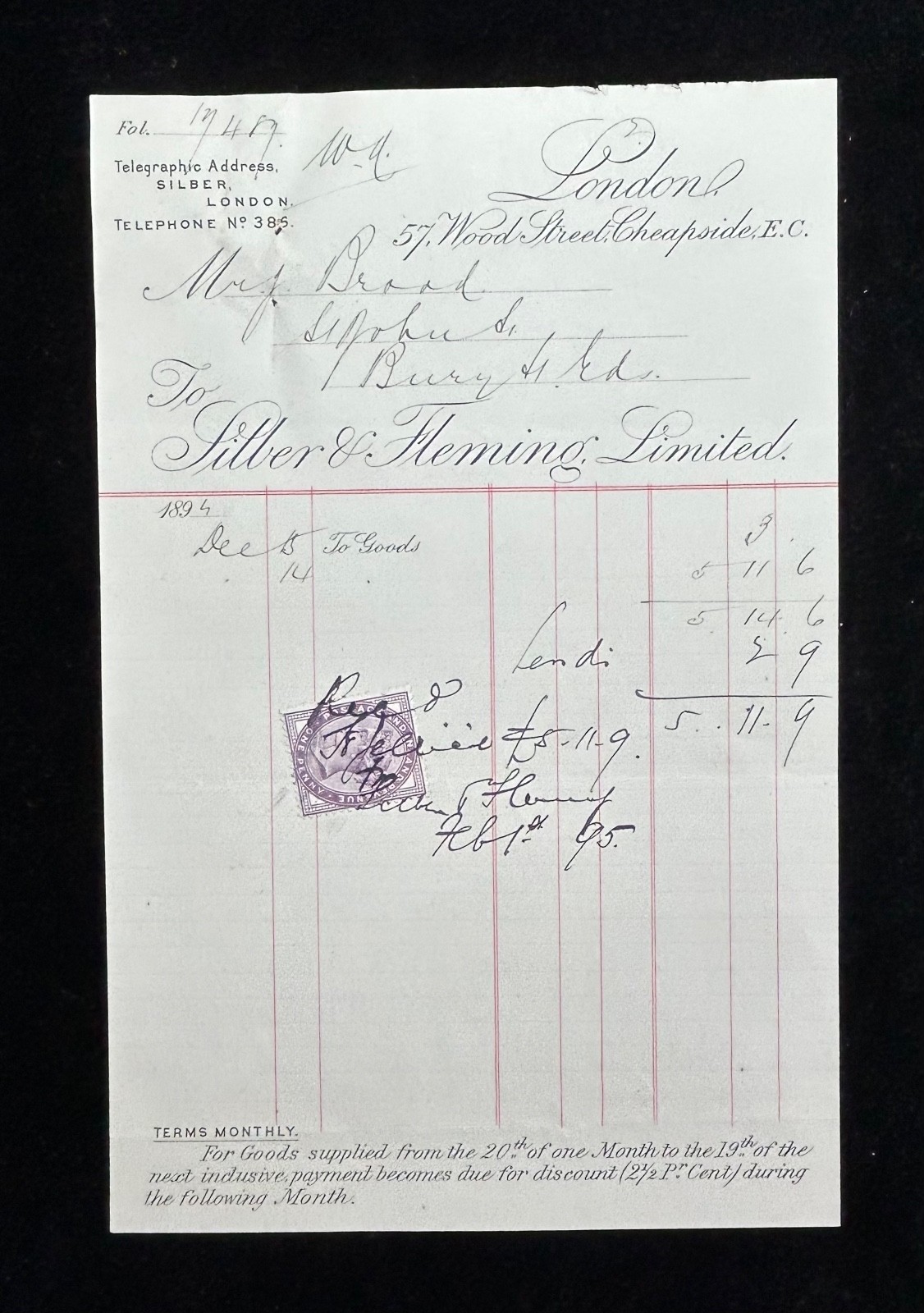 1894 Silber & Fleming, Silber London Invoice Receipt Sales Sheet. #NG50