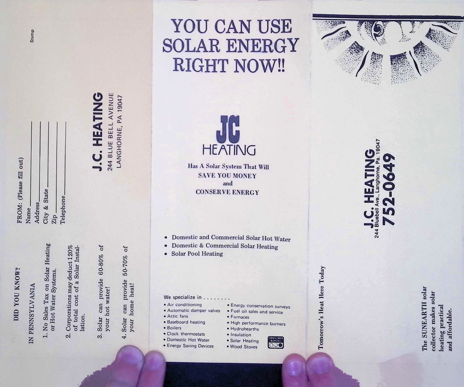 J.C. Heating Langhorne PA Sunearth Solar Brochure 1970s Period Typography