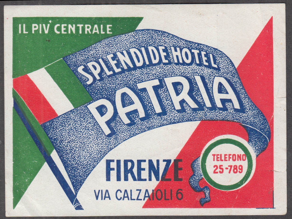 Spledide Hotel Patria Firenze Florence Italy baggage sticker ca 1930s