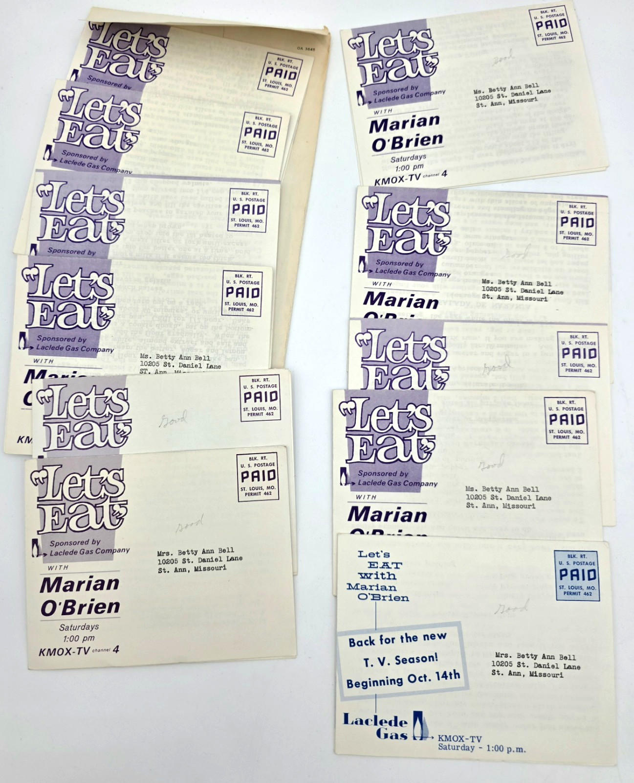 Marian OBrien Lets Eat Recipe Cards 1962 Laclede Gas VTG TV Mailer Lot 11