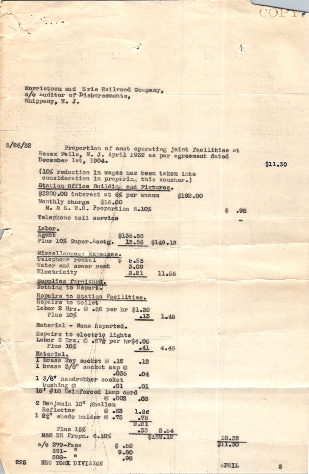 Morristown & Erie RR Joint Facility Cost Voucher c1900 NJ Railroadiana