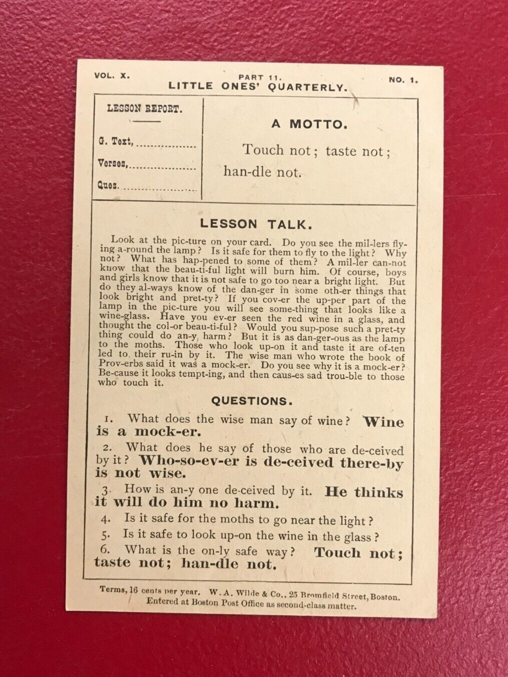 Little Ones’ Quarterly W.A. Wilde & Co Lesson XI Wine A Mock-er Proverb Vintage