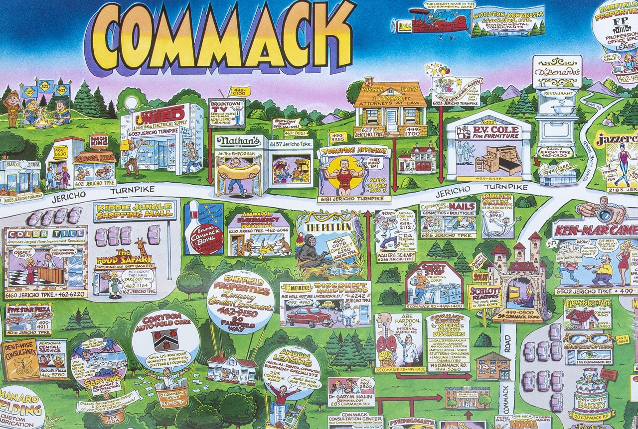 COMMACK LONG ISLAND Illustrated Cartoon Map 1991 – FREE SHIPPING!