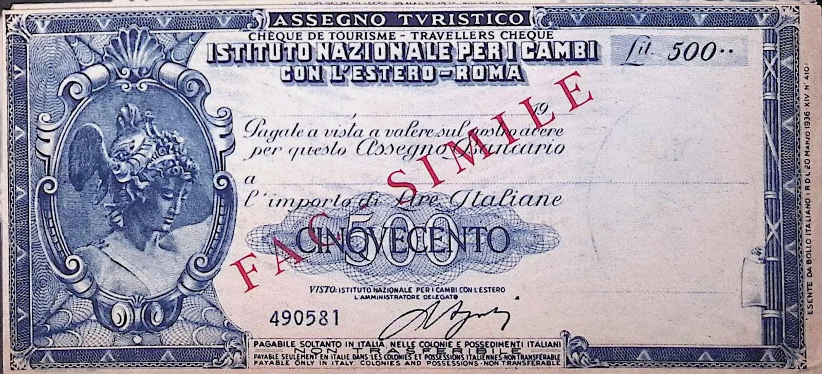 Fascist Italy 1930s Specimen Travellers Cheque Booklet CAMPIONE Assegno