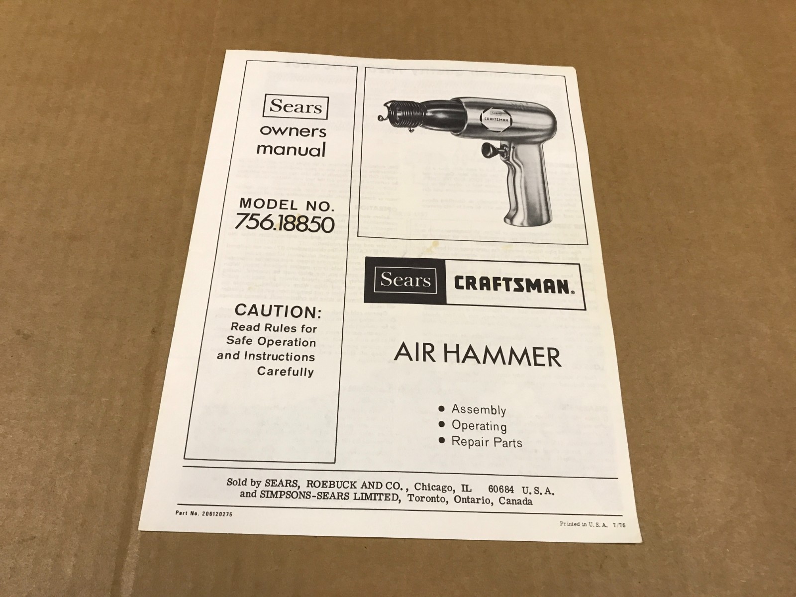 Vintage Sears Craftsman Air Hammer Owner’s Manual