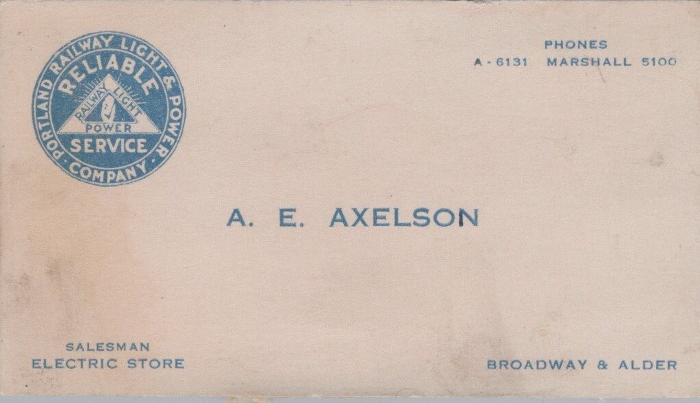 Portland Railway Light & Power Co A E Axelson Oregon c1910s Business Card LPB