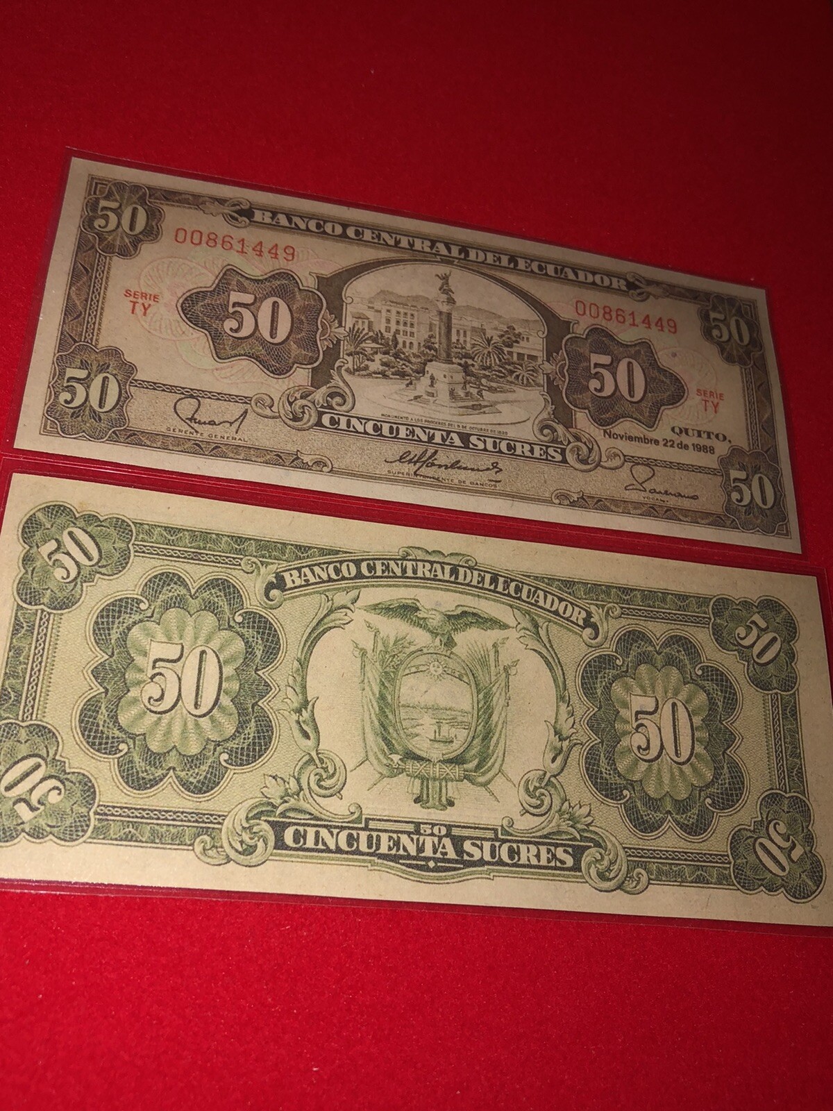 ECUADOR / LAMMINATED HISTORICAL REPLICA SOUVENIR PRINT – 50 ECUADORIAN PESO NOTE