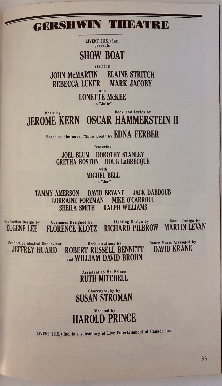 Show Boat – Broadway Playbill – Dec 1994 – Elaine Stritch Rebecca Luker