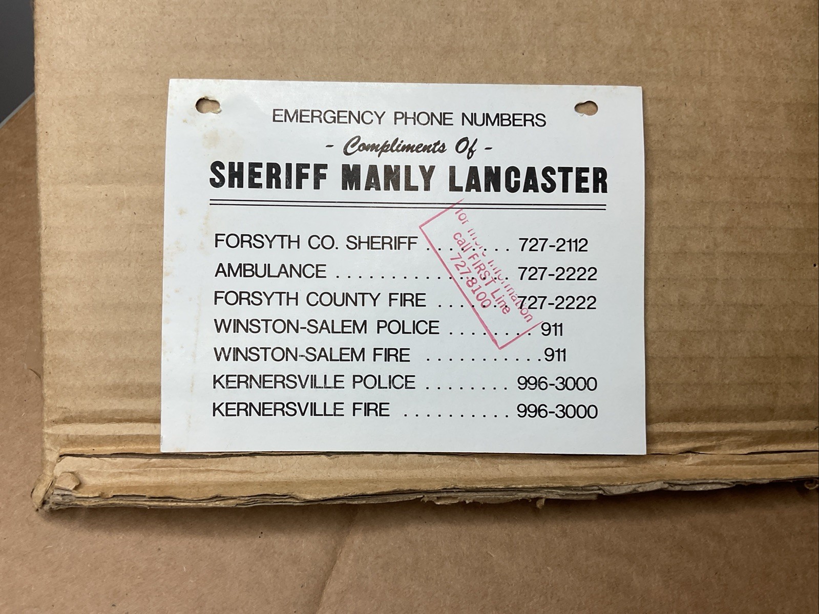1980s Sheriff Manly Lancaster Emergency Numbers Flyer Winston-Salem Nc B19