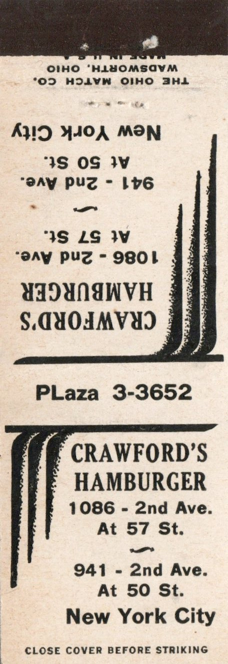Vintage Matchcover Crawfords Hamburger New York City