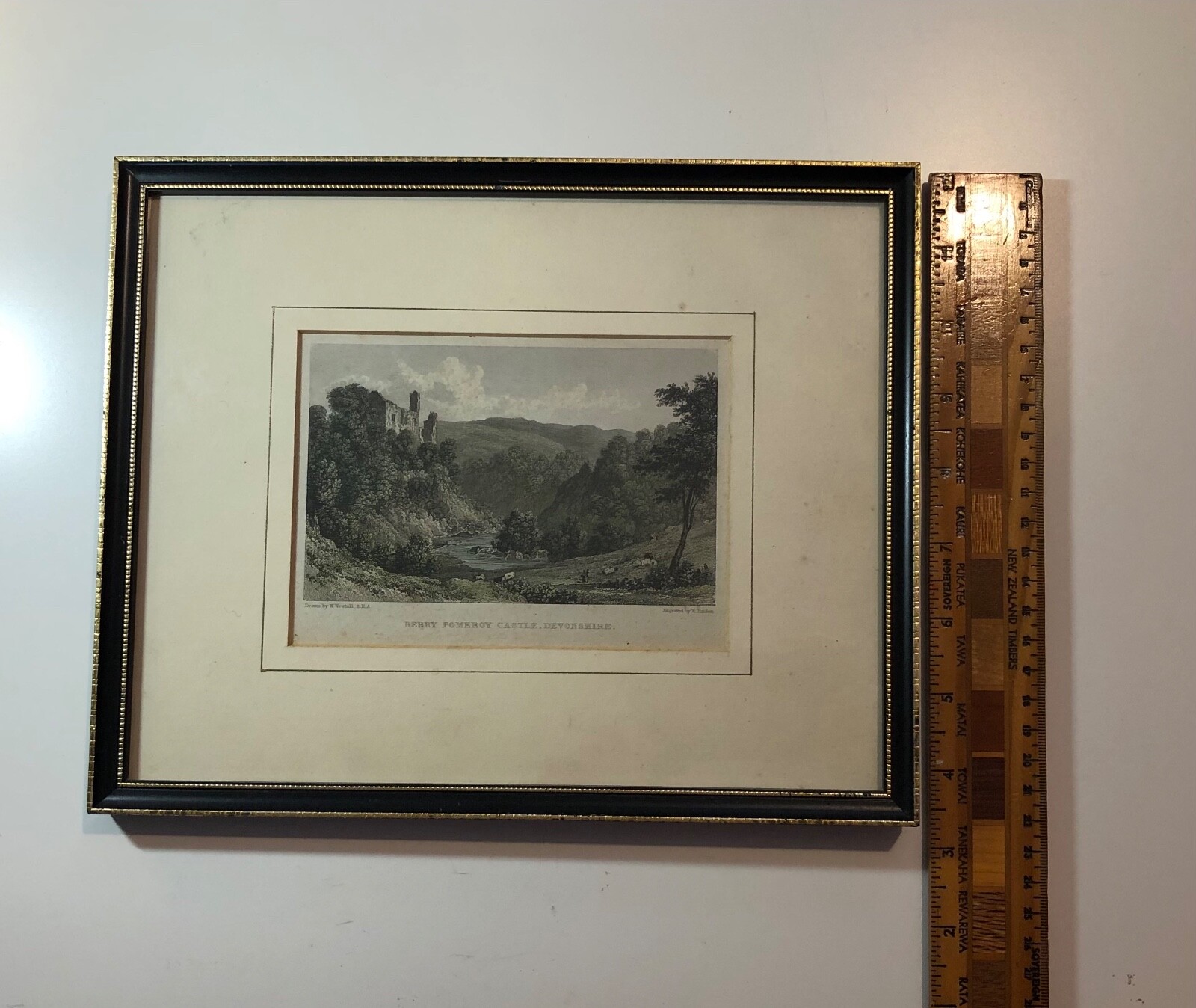BERRY POMEROY CASTLE, Devon – c.1830s 14.5 x 10.5cm Original Print – Framed -VG+