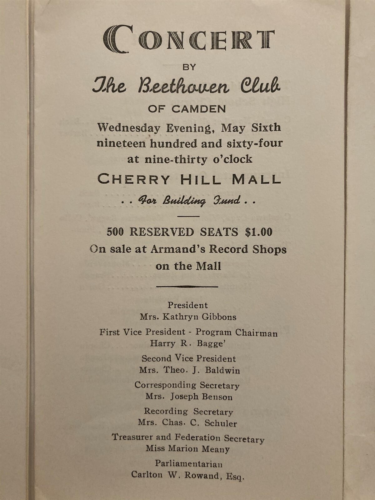 1964 Beethoven Club of Camden Cherry Hill Mall Concert Program New Jersey NJ Vtg