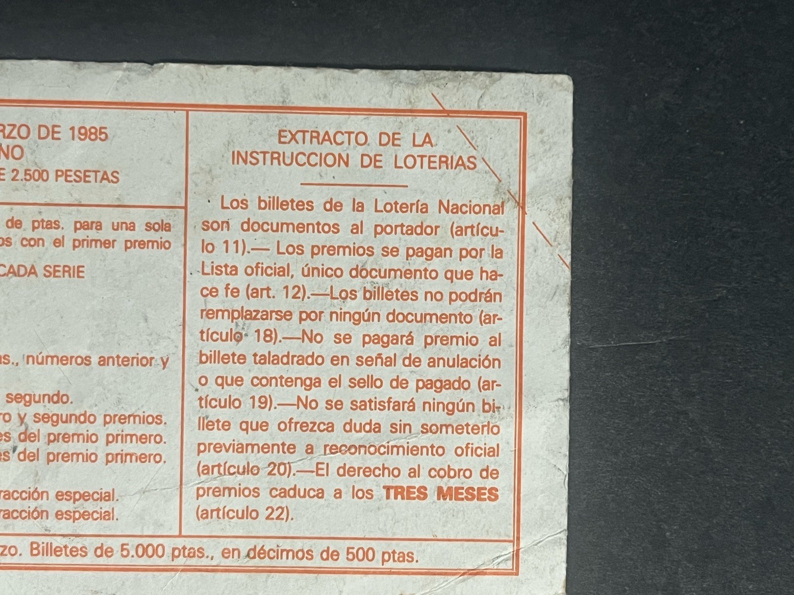 Vintage 1985 España Loteria Nacional Madrid Spain LOTTERY Ticket #57847 Ephemera