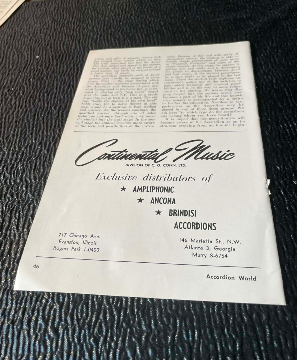 Accordion Wholesalers America Continental Music Ad 1956 Accordion World Magazine