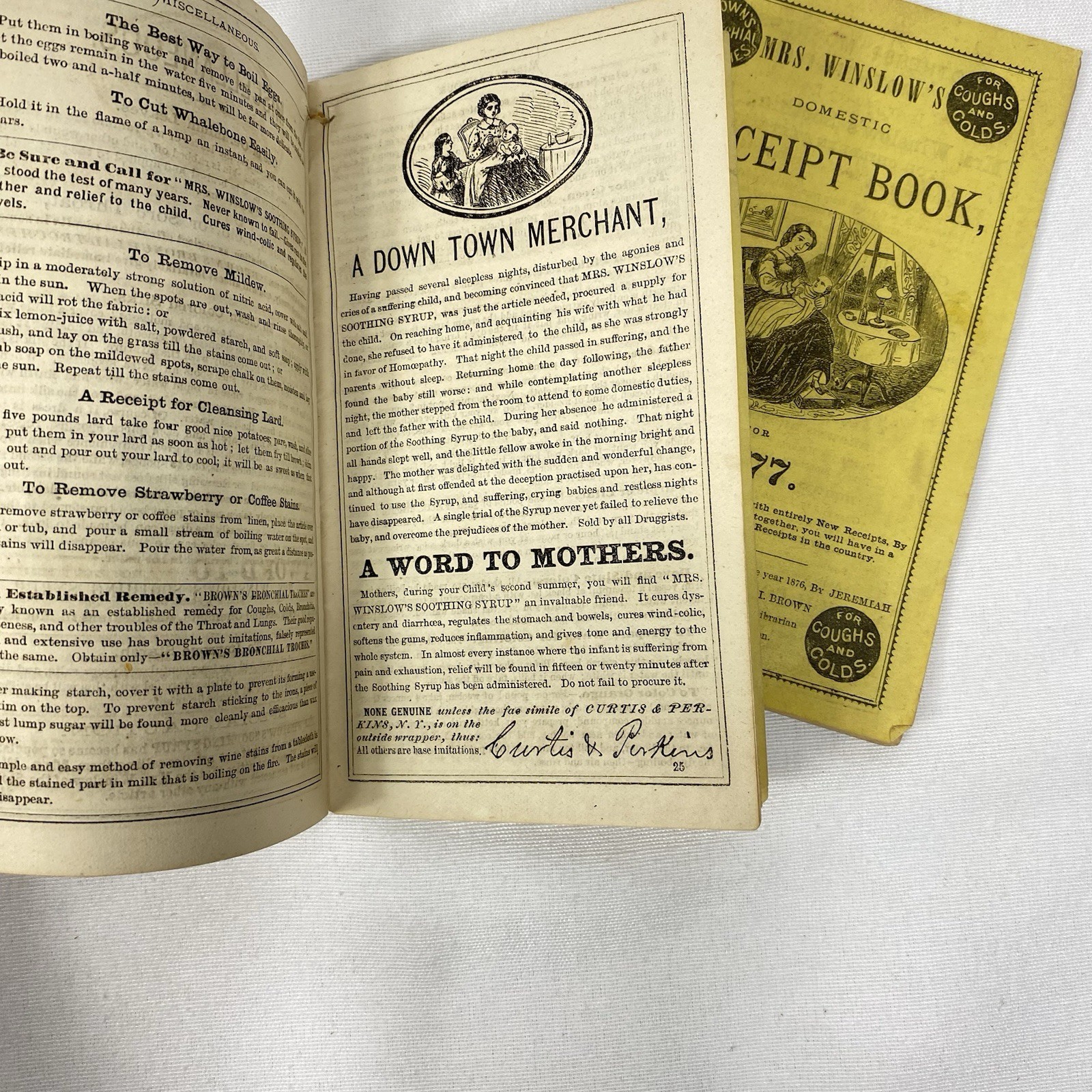 Lot of 2 Mrs Winslow’s Receipt Books 1872, 1877 Brown’s Bronchial Troches