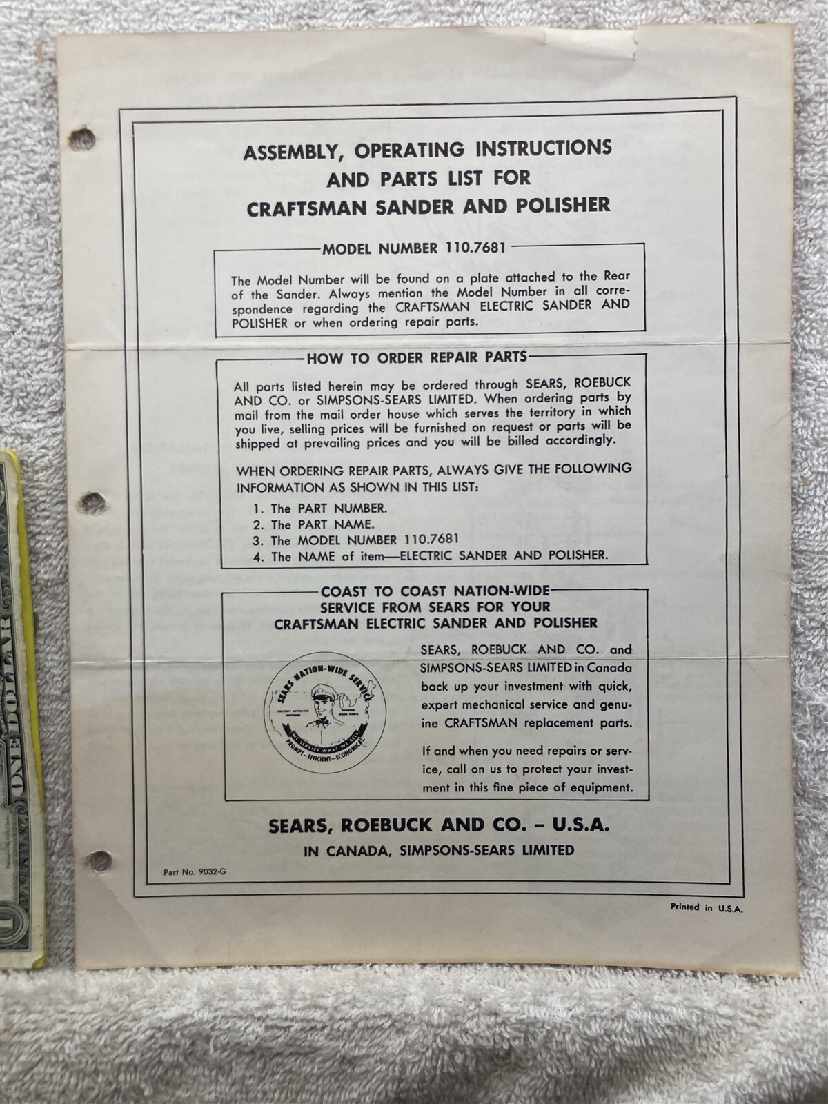 1960’s Craftsman Sander & Polisher Sears 110-7681 Owners Manual Vtg