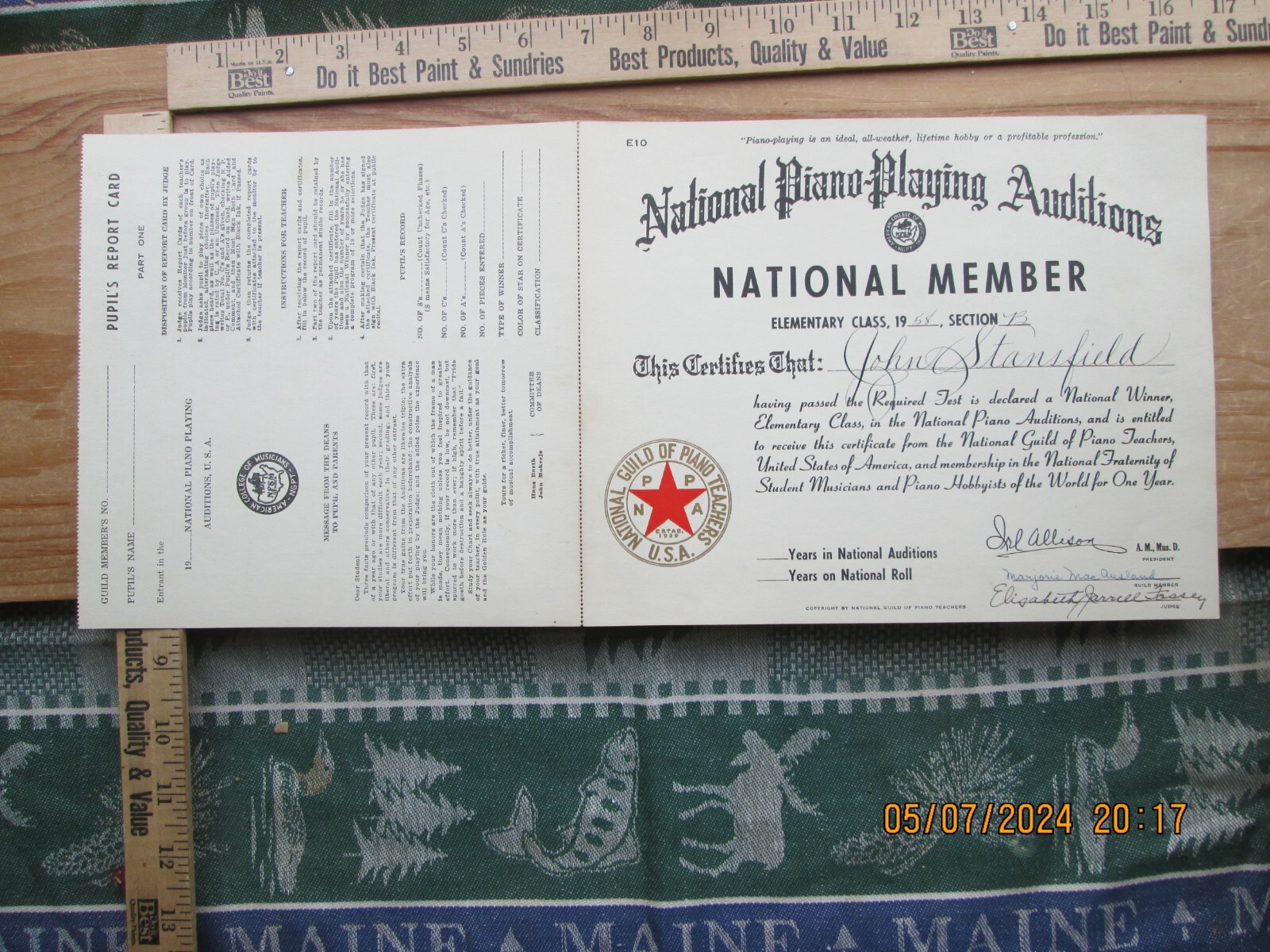 National piano playing auditions certificate& Pupil’s Report Card 1958