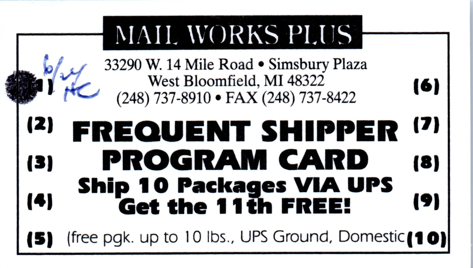 Mail Works Plus West Bloomfield Michigan Business Card Frequent Shipper