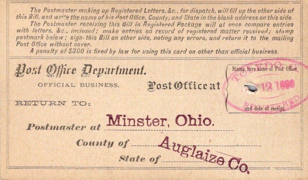 19th Century U.S. Registry Bill 1880 Minster & Toledo Christian Gerber Postmark