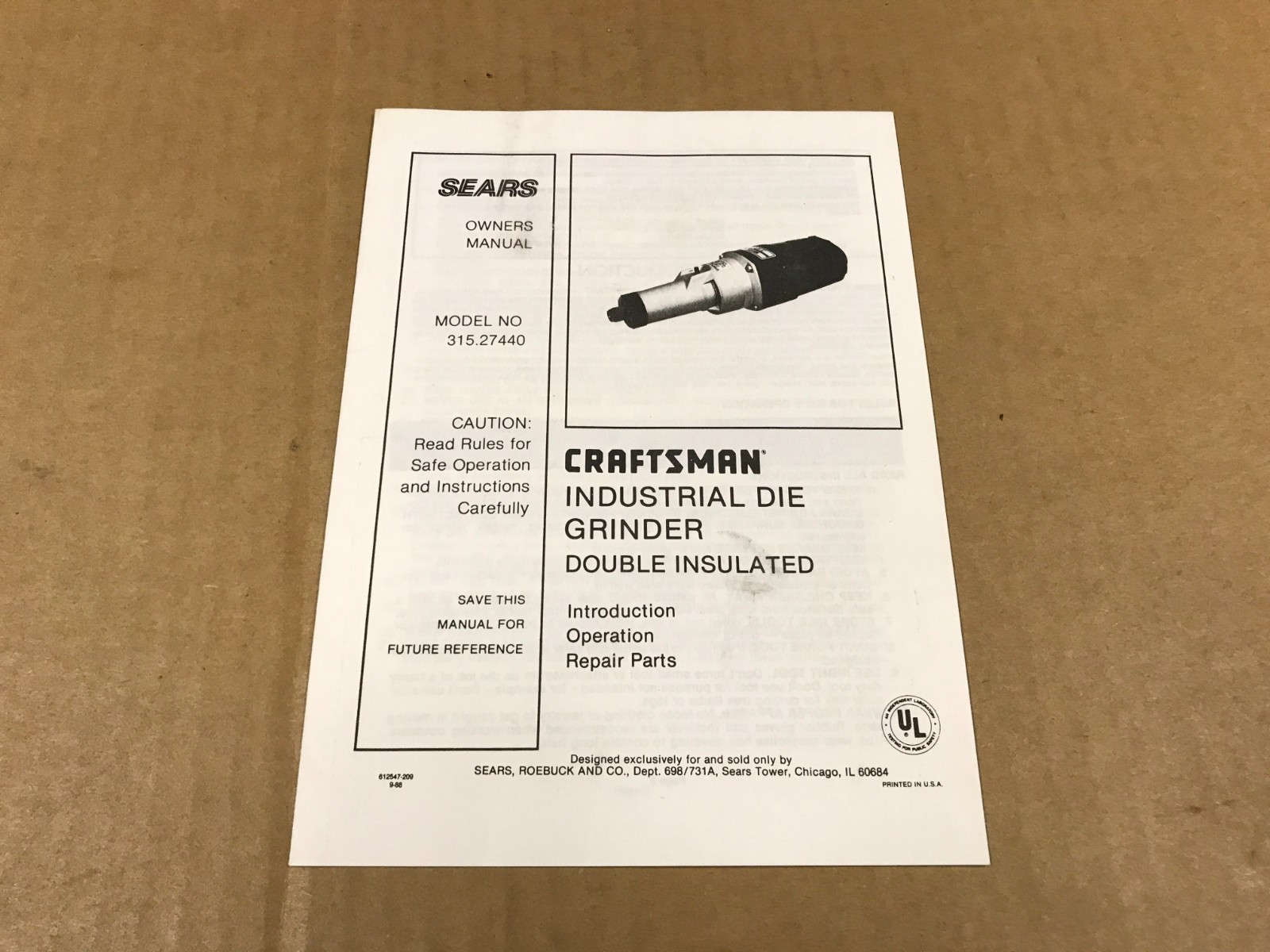 Vintage Sears Craftsman Industrial Die Grinder Double Insulated Owner’s Manual