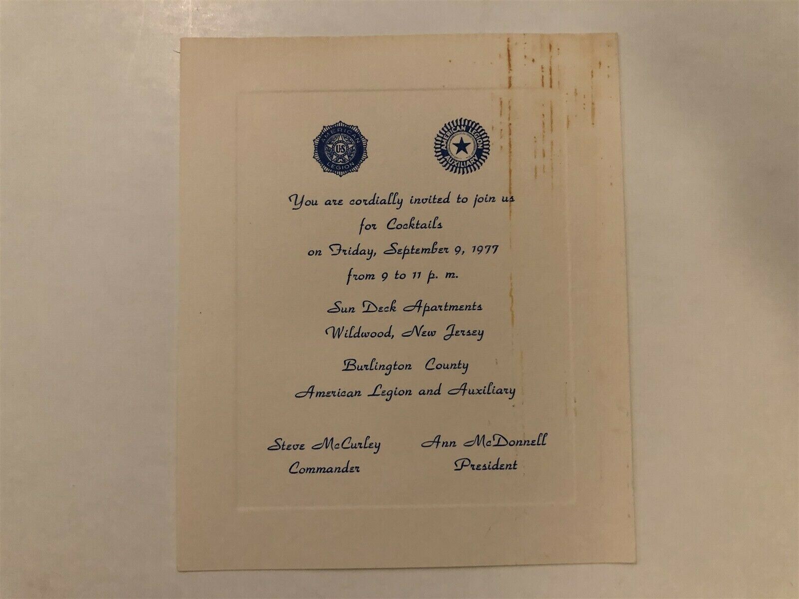 1977 Burlington County Cocktail Party Invitation Wildwood American Legion NJ Vtg