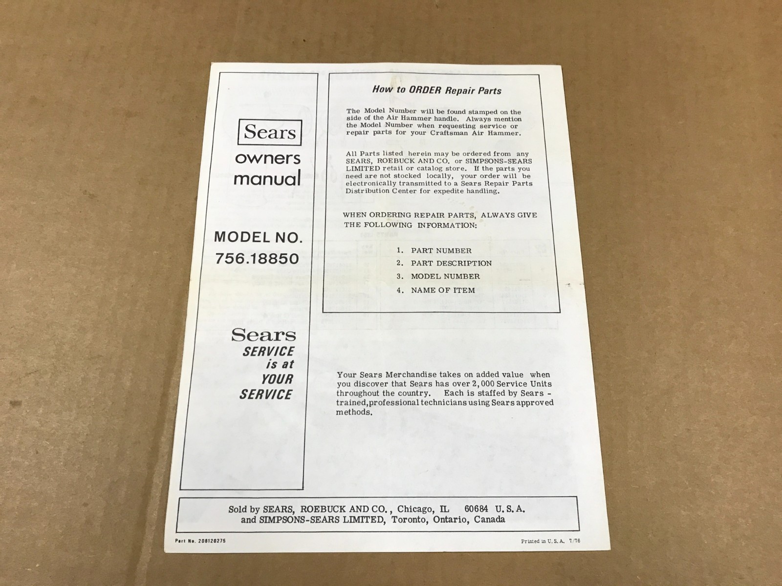 Vintage Sears Craftsman Air Hammer Owner’s Manual