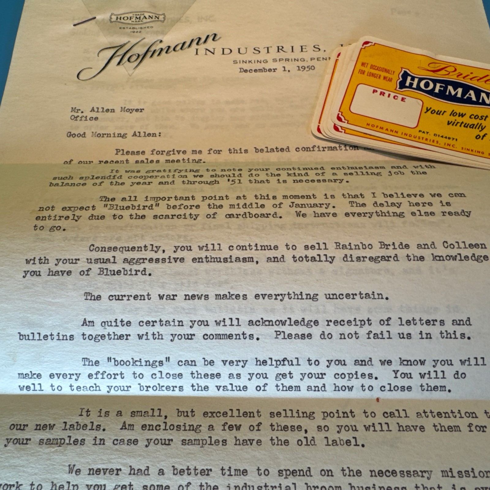 1950 Hofmann Industries BRIDE Broom labels, Letter Sinking Spring PA