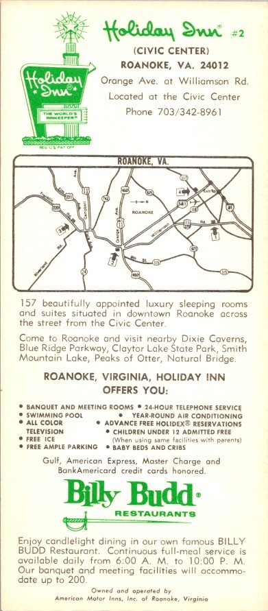 1960s Holiday Inn Roanoke VA Rack Card Billy Budd Restaurant Holidex Americana