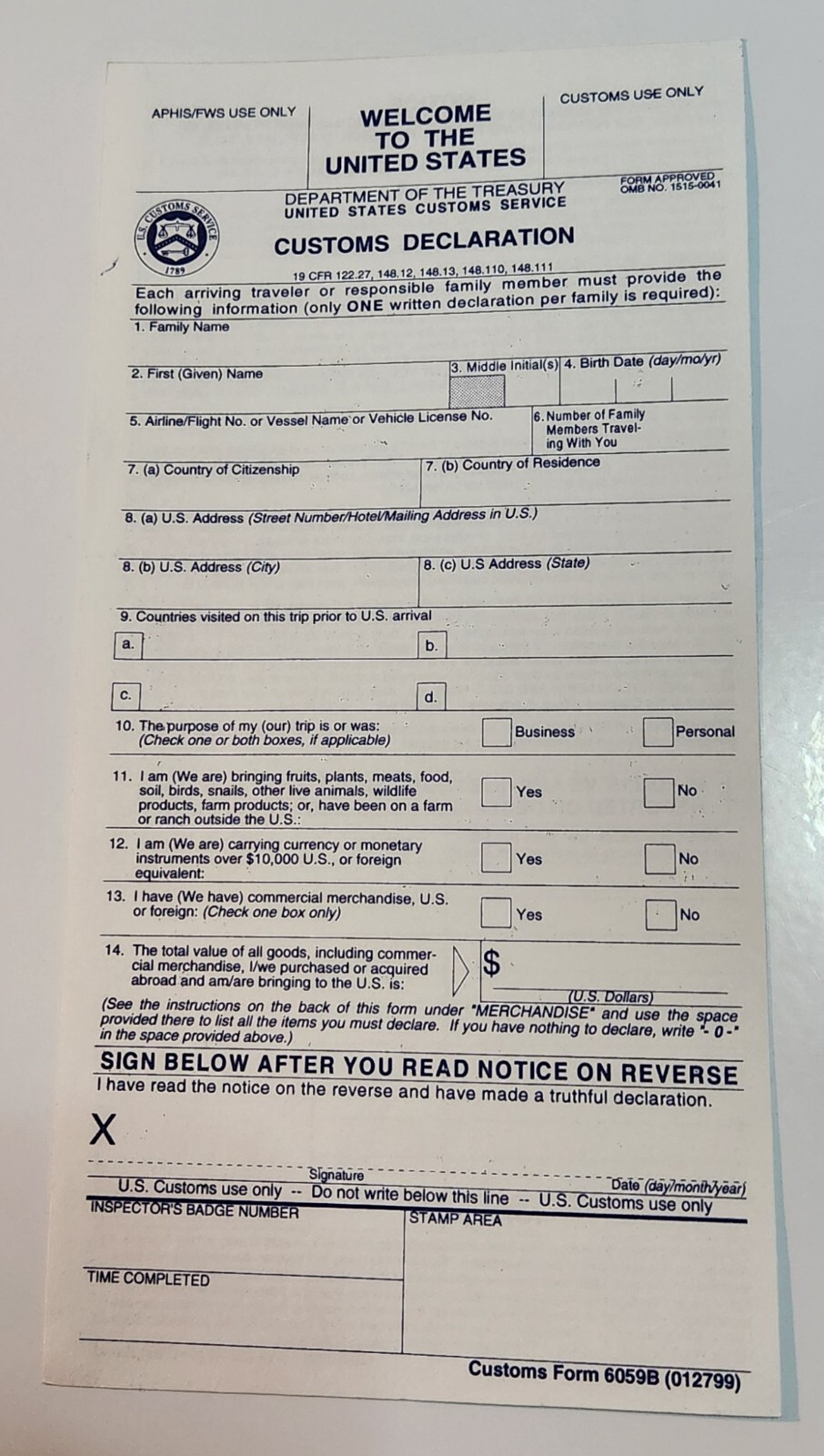 UNITED STATES 🇺🇲 ONE UNUSED CUSTOMS DECLARATION FORM 6059B CIRCA EARLY 2000’s