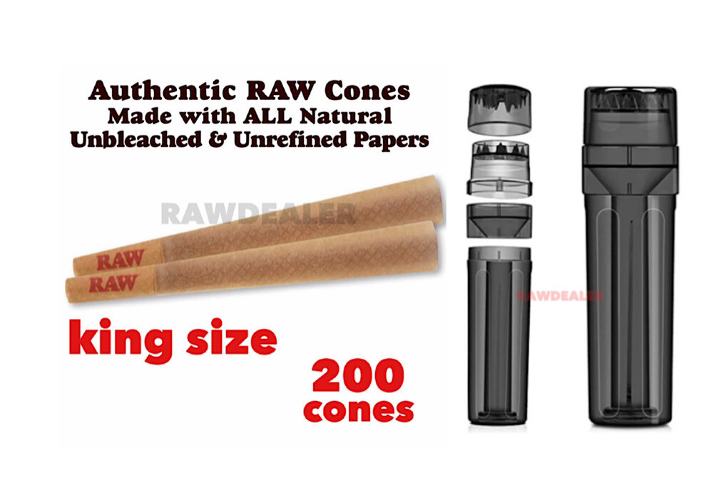 RAW cone king Size classic pre rolled(200PK) +filler grinder storage 3 in 1
