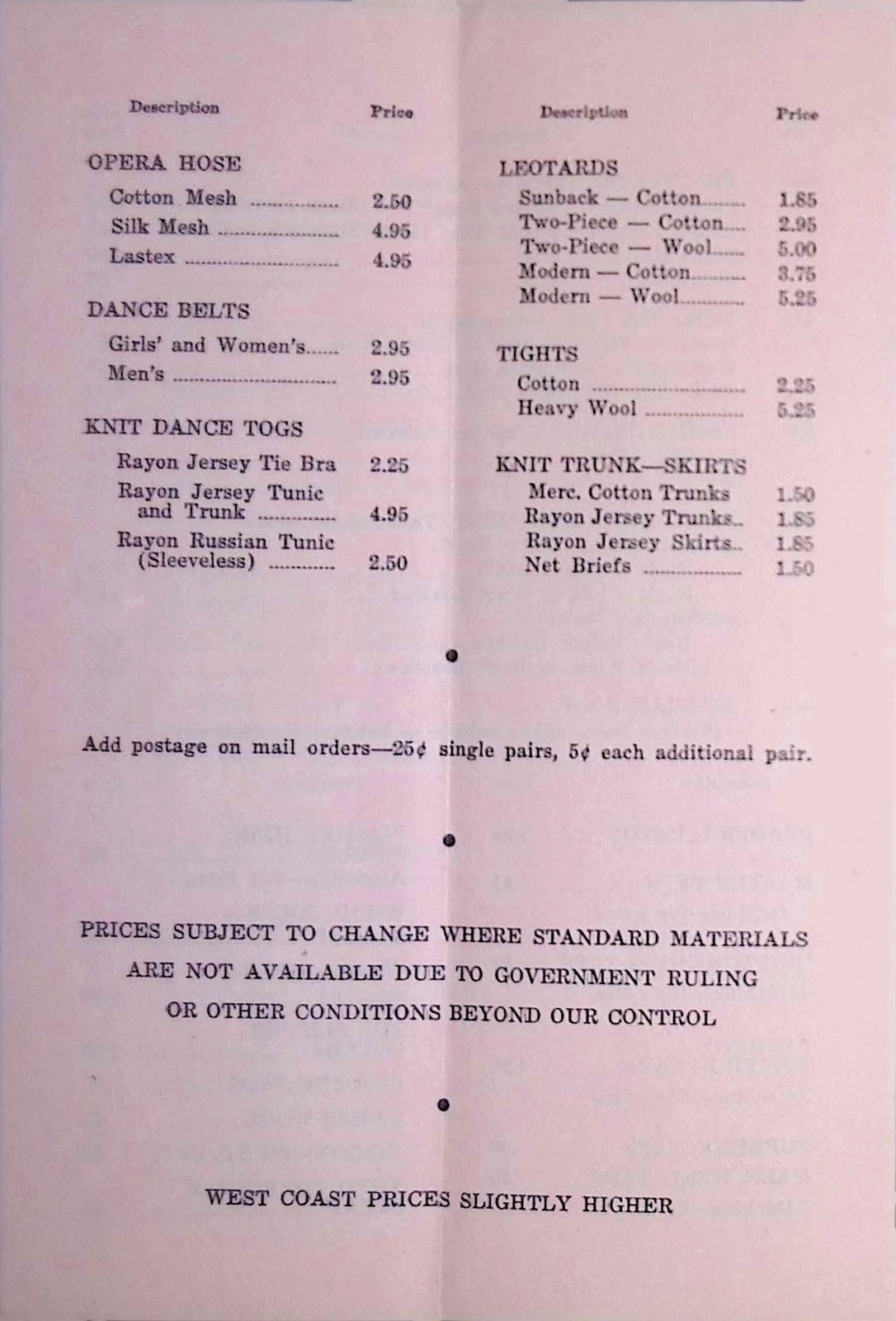 Capezio 1946 Fall Price List NYC Dancewear Pavlowa Toe Shoe Satin Ballet