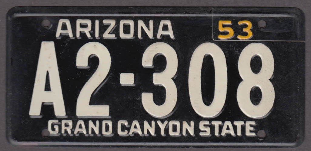 1953 Arizona A2-308 Wheaties metal license plate with FREE ad reprint