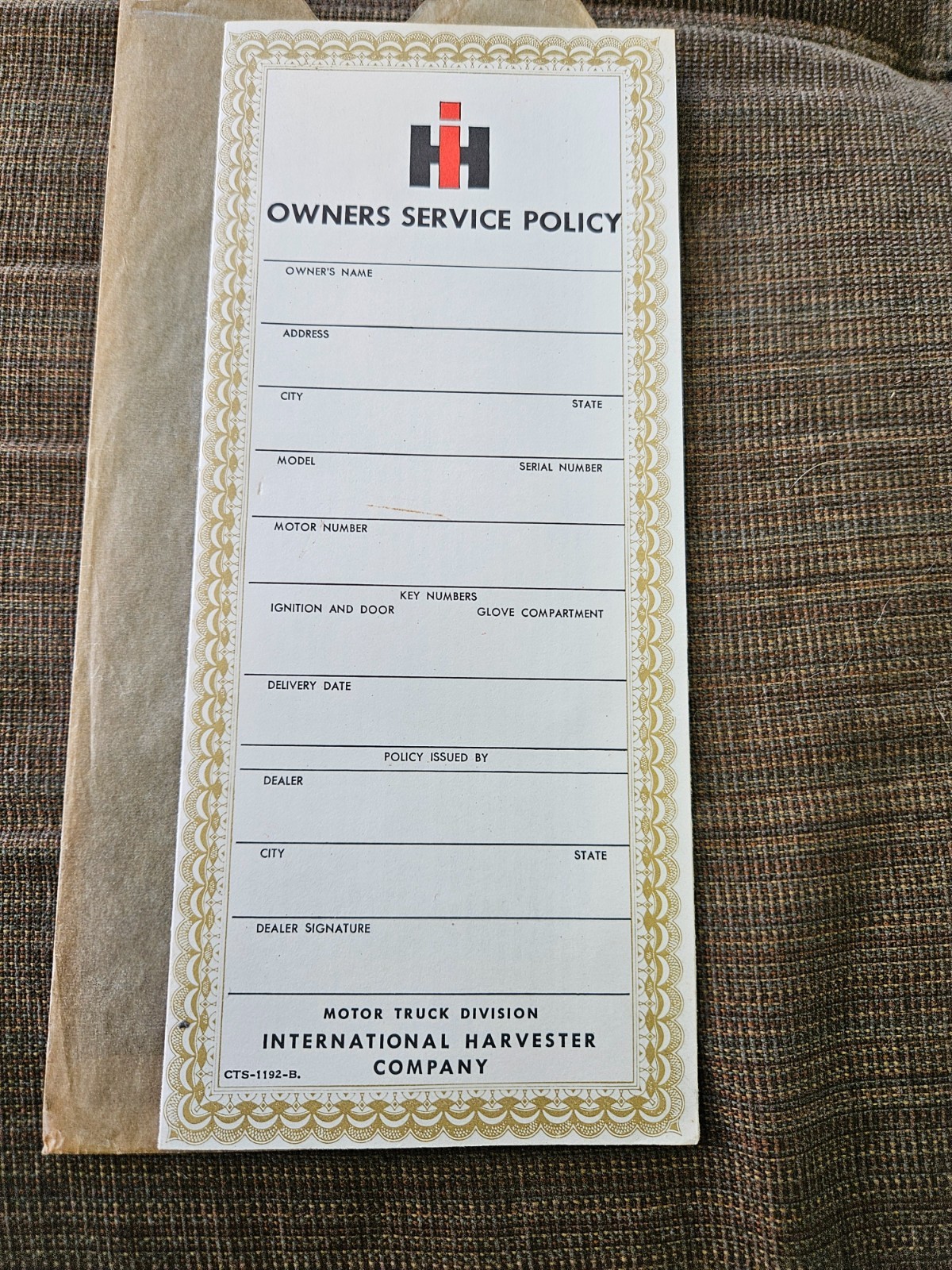 Rare find! 1950s? 1960s? BLANK International Harvester Owners Service Policy