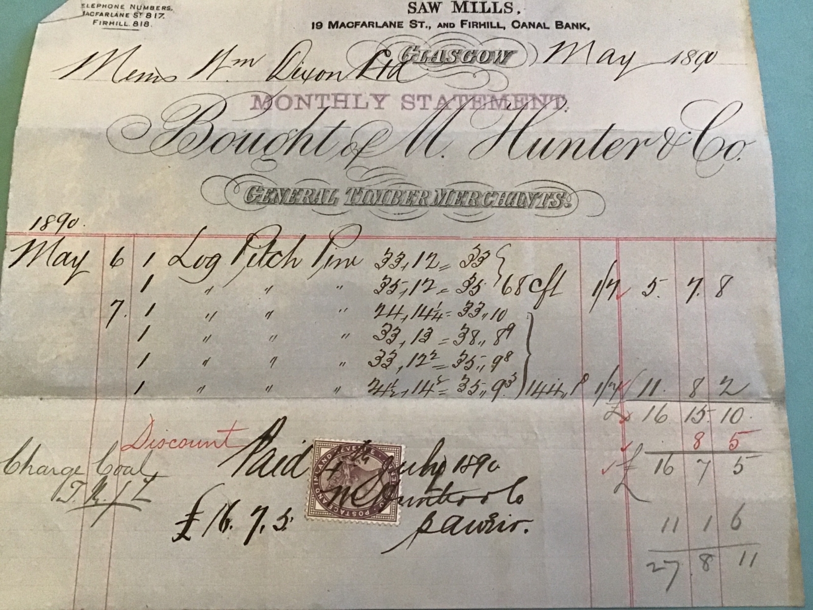 U.K. Glasgow M Hunter & Co Saw Mills Timber Merchants 1890 Receipt R42634