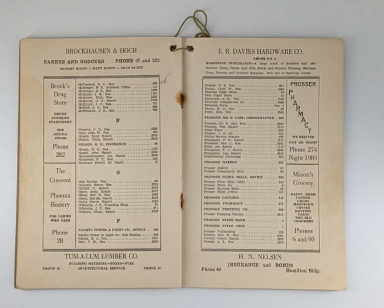 Telephone Directory Prosser Byron Paterson Washington October 1928 Vintage