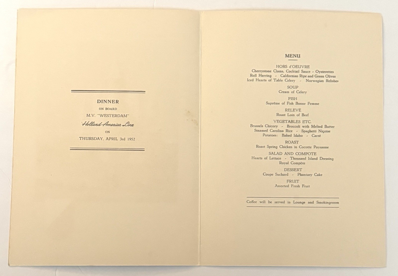 Vintage 1952 Dinner Menu Holland American Cruise Line April 3rd 1952