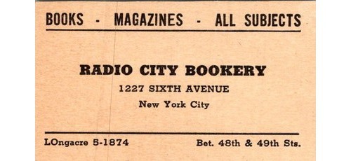 Radio City Bookery NYC Business Card: Midtown Manhattan Books & Magazines 1940s