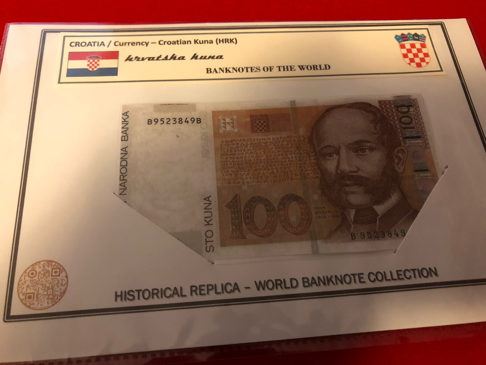 CROATIA KUNA / LAMMINATED HISTORICAL REPLICA SOUVENIR NOTE PRINT