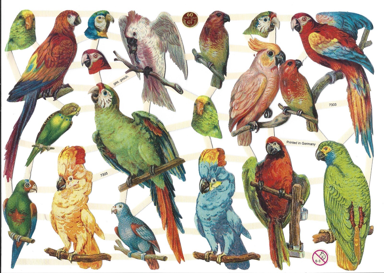 German Embossed Victorian Style Scrap Die Cut- Bright Colorful Birds EF7303