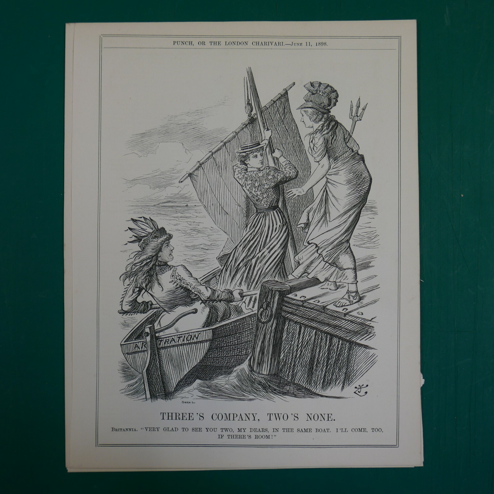7×10″ punch cartoon 1898 THREE`S COMPANY TWO`S NONE usa arbitration