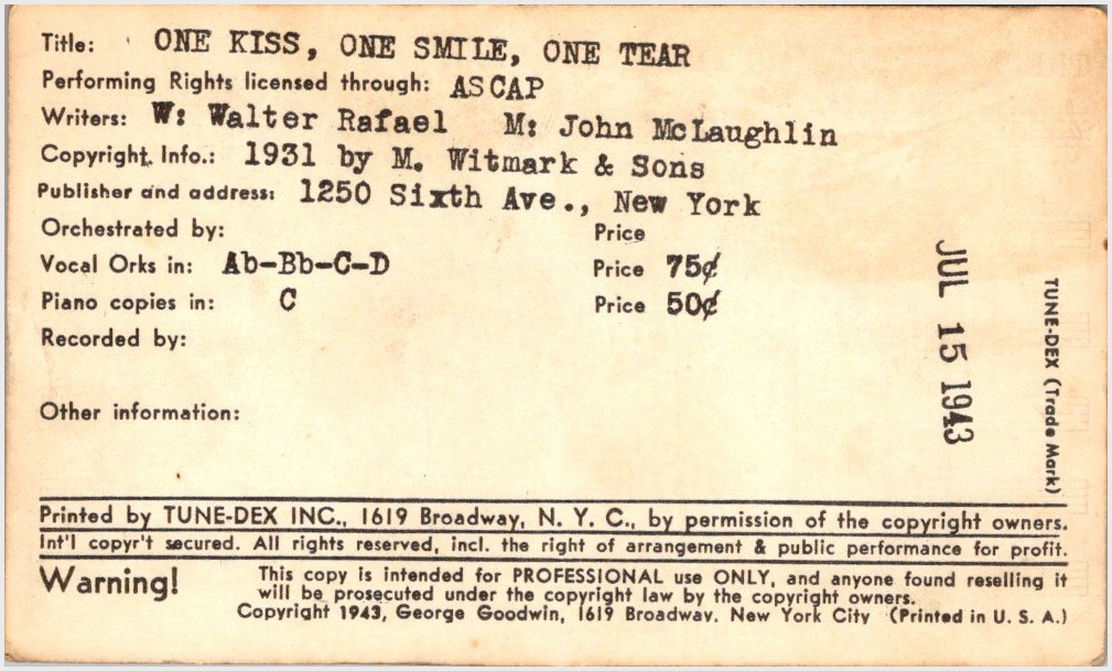 Tune-Dex Card One Kiss One Smile One Tear Lead Sheet 1943 ASCAP Lyrics Chords