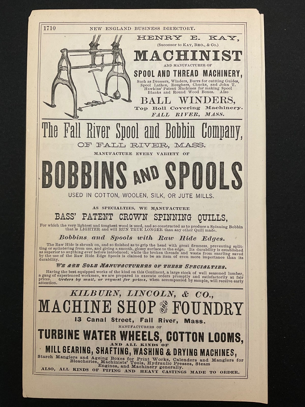 1883 Antique Ad Page American Tack, Bowker & Tripp Wrench, Fall River Spools MA