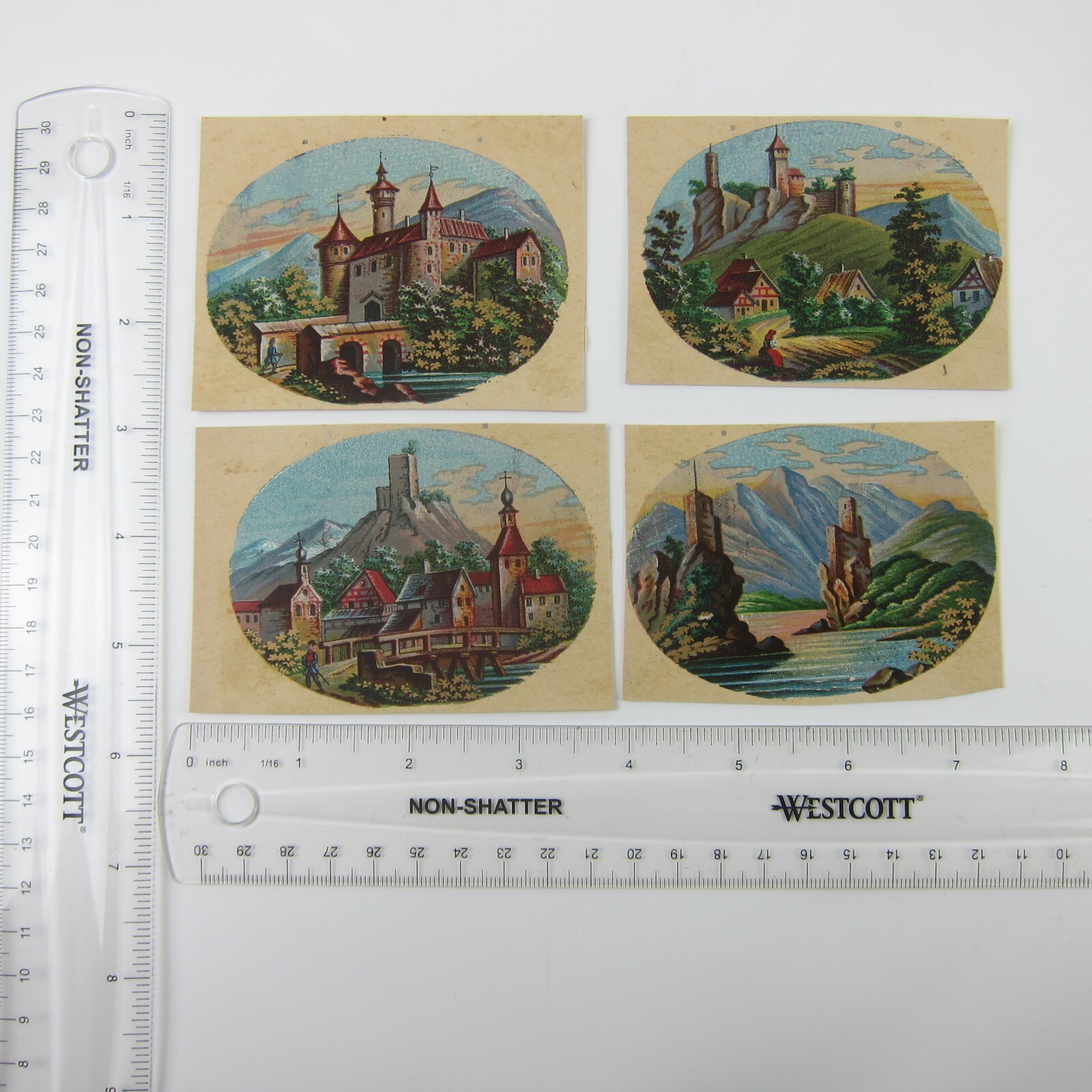 Antique Lithograph Print Samples Lot of 4 Castles Towns Villages Landscapes RARE