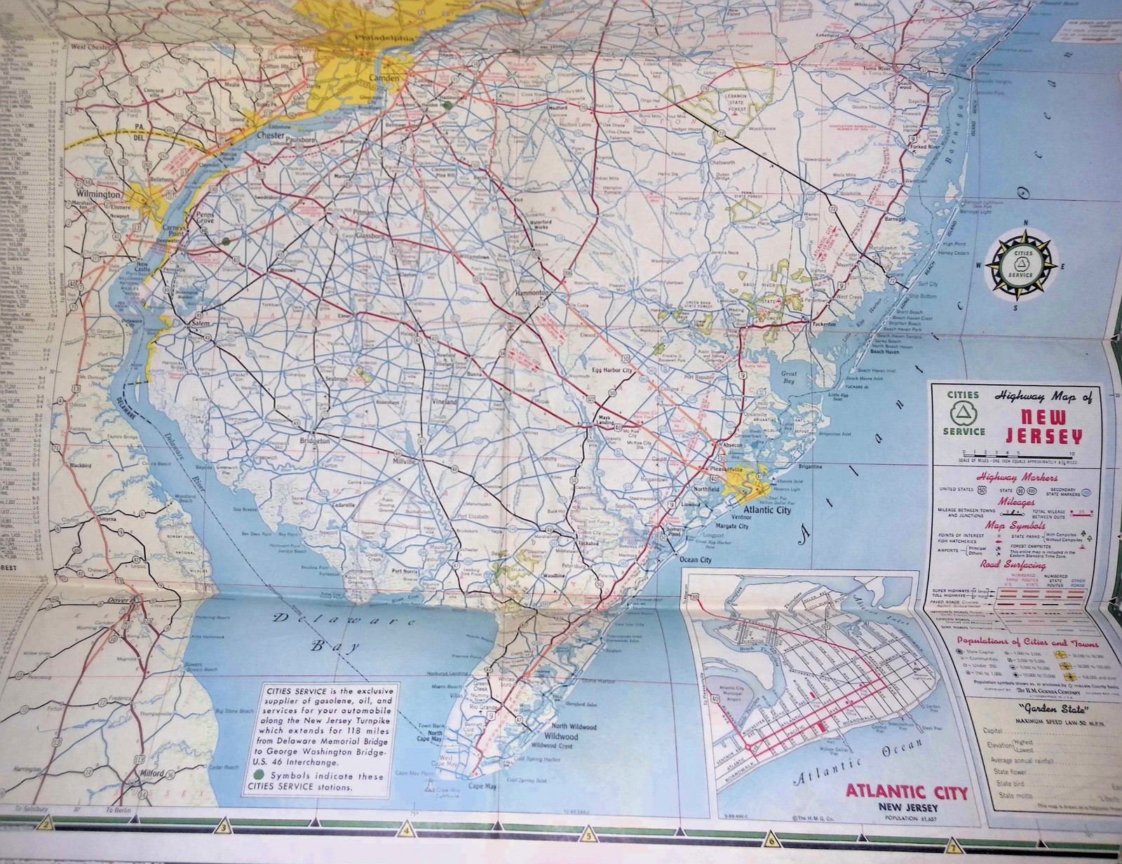 Cities Service Oil Co New Jersey Road Map 1940s-50s Gas Station Ad
