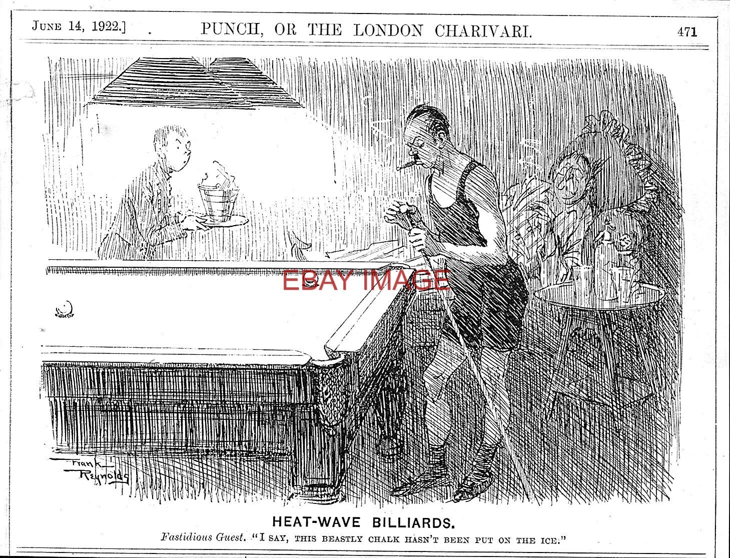 1922 Punch Print ‘Heat-Wave BILLIARDS’ Vintage Cartoon by Frank Reynolds 736B/81