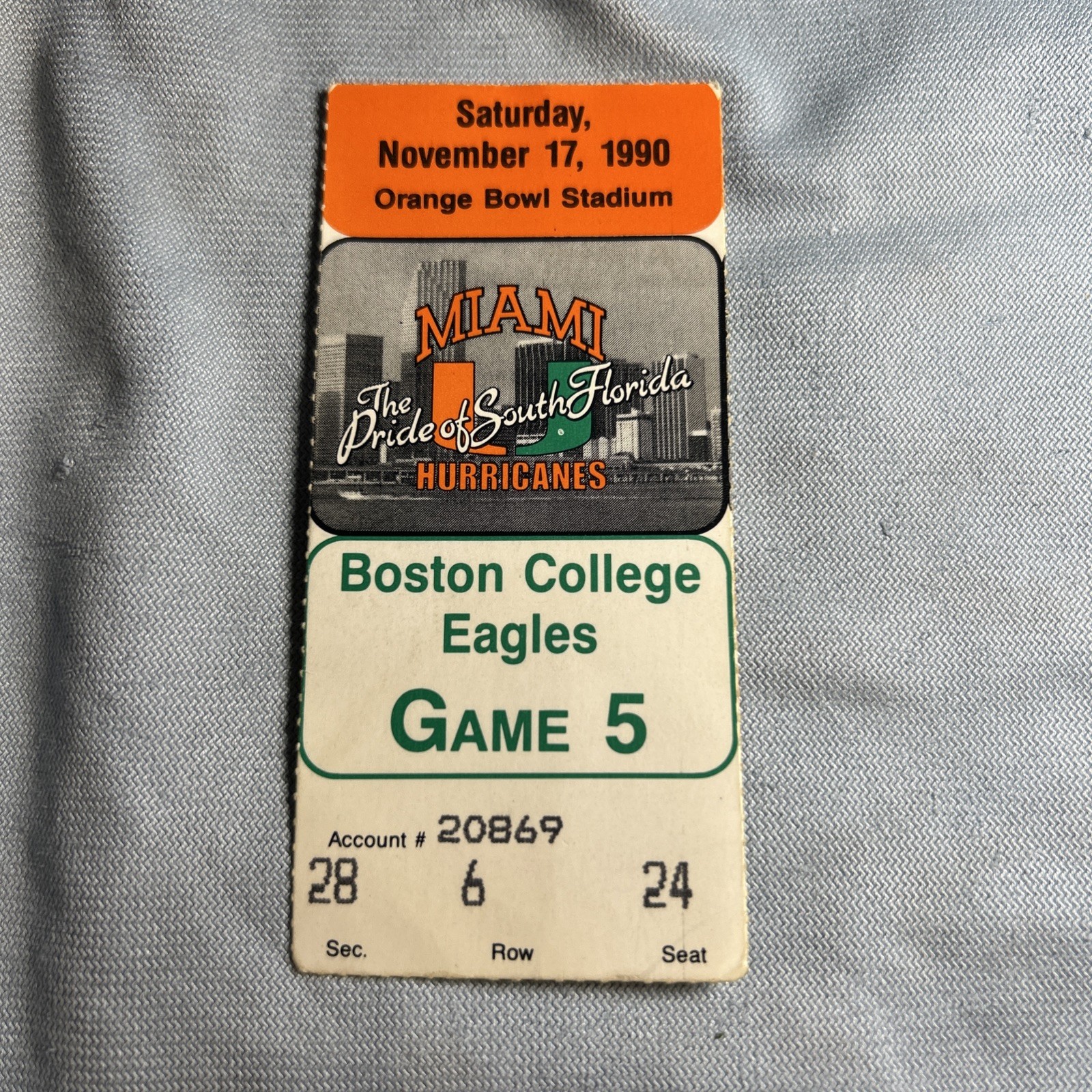Miami Hurricanes Ticket Stub 1990 Orange Bowl Stadium Vs Boston College Game 5