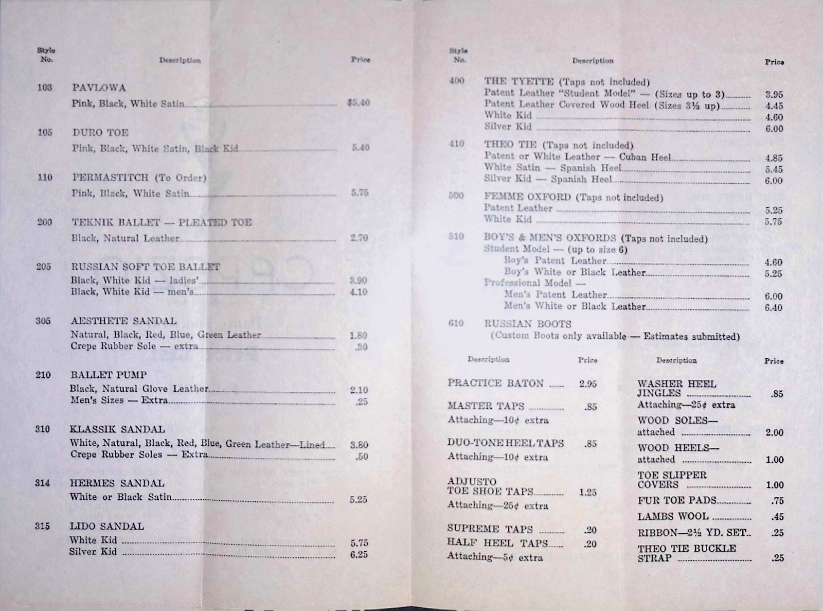Capezio 1946 Fall Price List NYC Dancewear Pavlowa Toe Shoe Satin Ballet