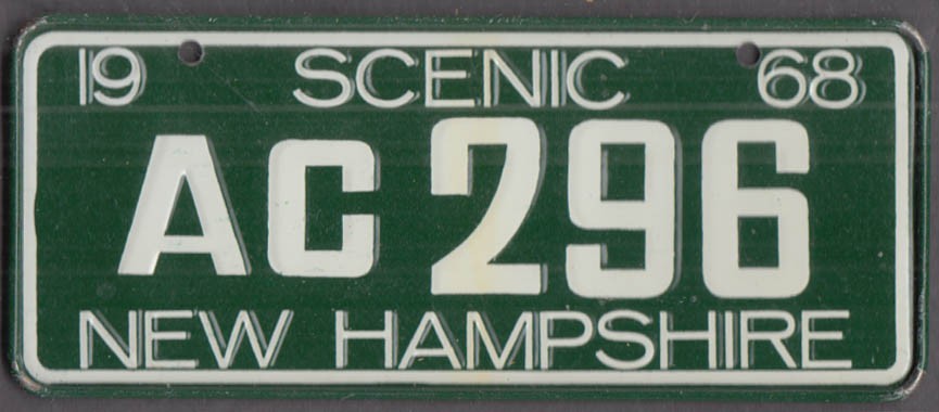 1968 Post Cereal metal license plate New Hampshire AC 296 Scenic